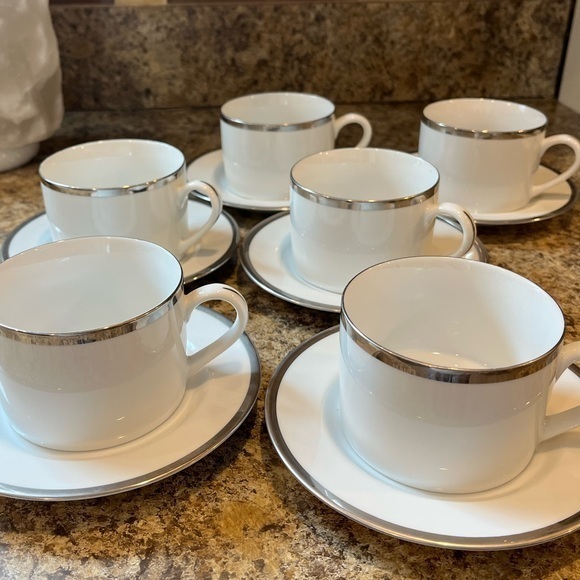 Pier 1 Monno Bangladesh Elegant White and Silver Tea Cups and Saucers Set of 6